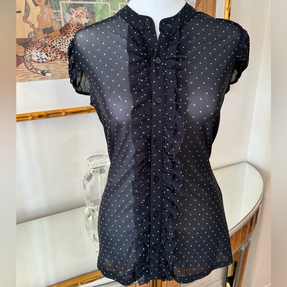 BCBGeneration Black Sheer Mesh Button Up Polka Dot Blouse - Picture 1 of 2